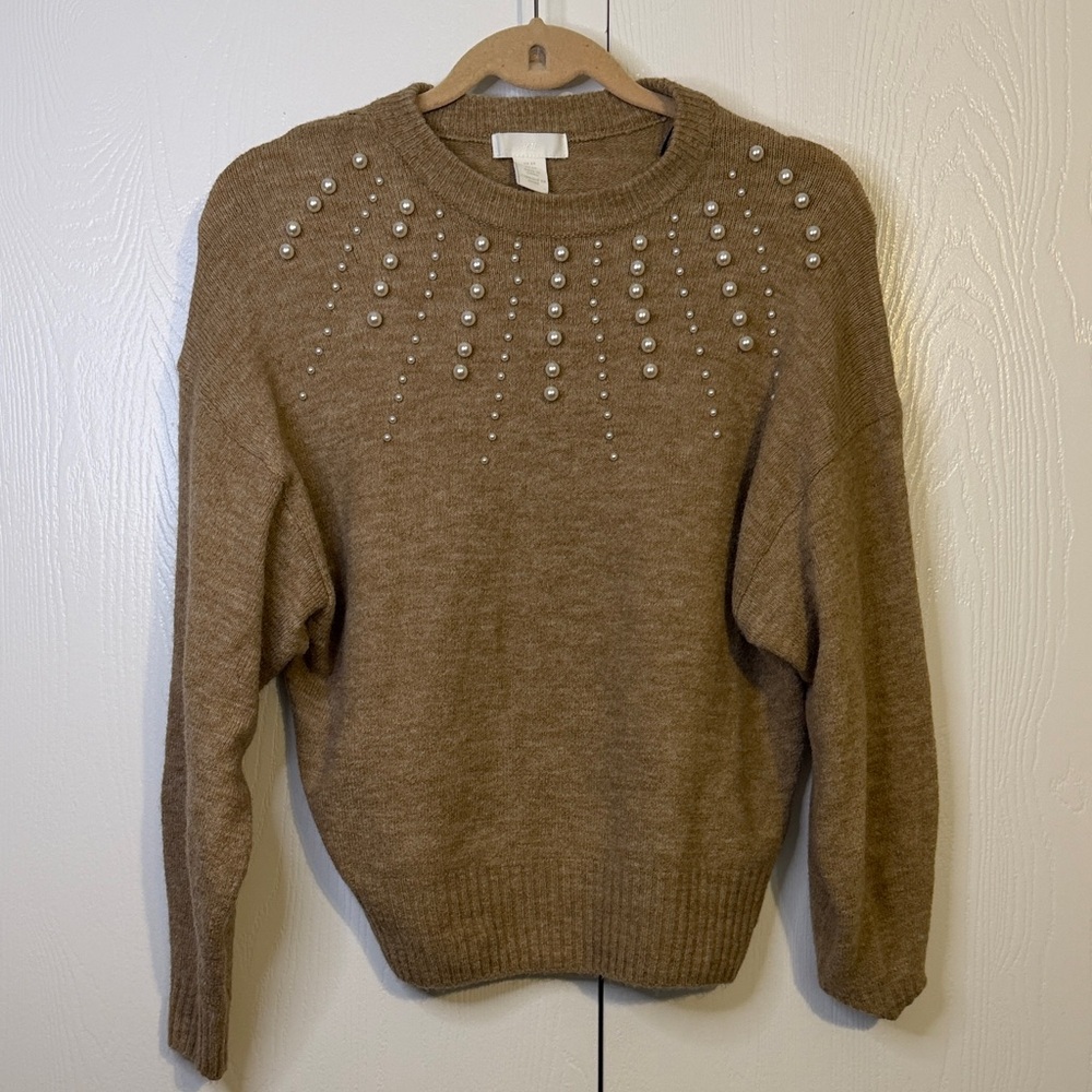 H&M Camel Brown Pearl-Trim Crewneck Sweater